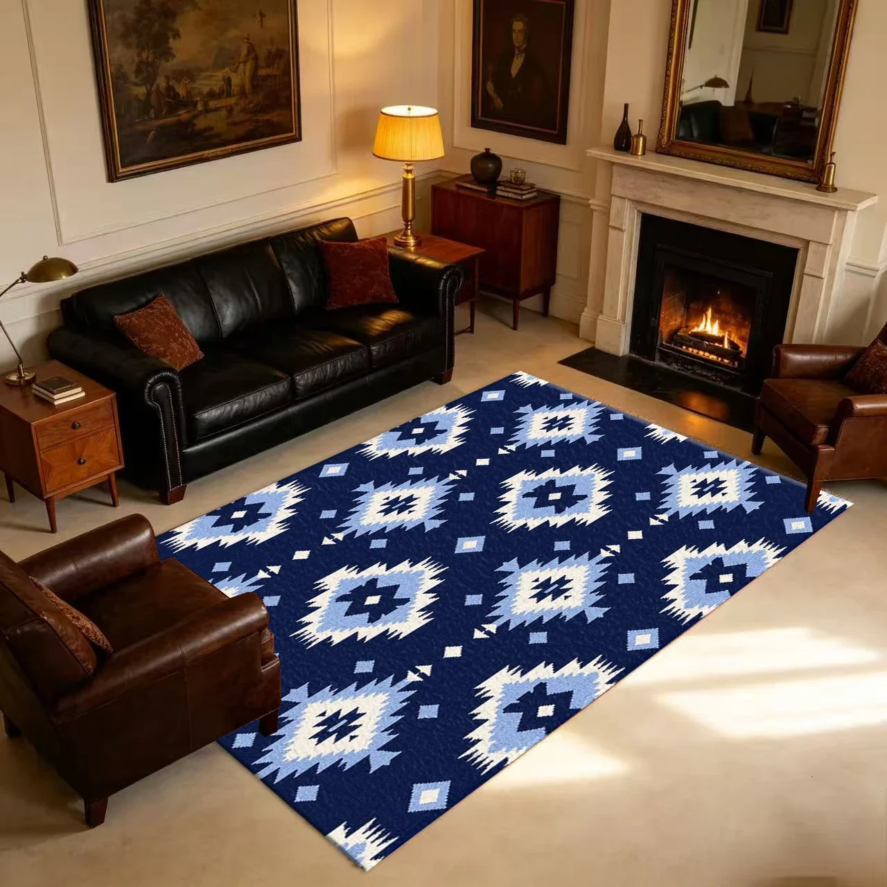 Navy Blue and White Bohemian Aztec Tribal Geometric Pattern Carpet Floor Non-Slip Mat