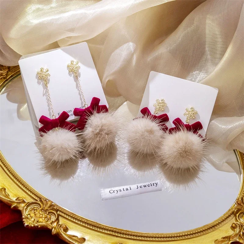 Vintage Wine Red Flocking Bow Pearl Tassel Earrings For Women Christmas Snowflake Elk Antler Plush Earrings Party Jewelry Gift