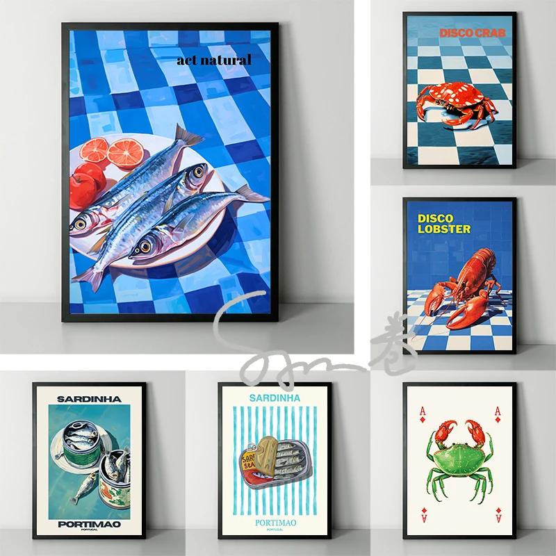 Blue Disco Lobster Sea Food Poster Canvas Printing Sardine and Crabs Sea Food Kitchen Wall Art Funny Dining Room Wall Decoration