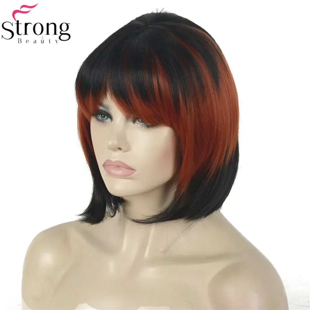 StrongBeauty Cosplay Pruik Rood/Zwart Mix Nette Bang Bob Kapsel Synthetische pruik voor dames