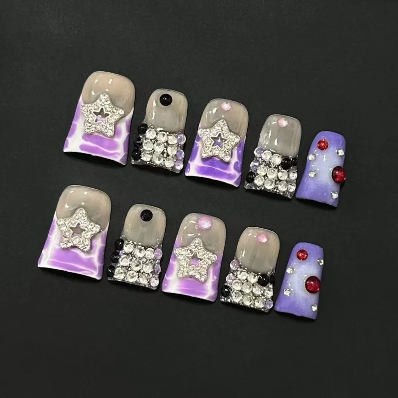10개입 고딕 프레스온 네일 핸드메이드 퍼플 마블 아크릴 네일 키트 재사용 가능한 덕 네일 여성용 라인스톤 장식