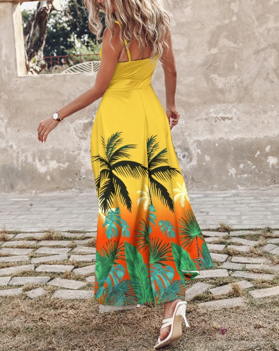 2026 New Women V Neck Front Knot Spaghetti Strap Tropical Leaf Print High Split Maxi Dress Multi Color Beach Vacation Sundress