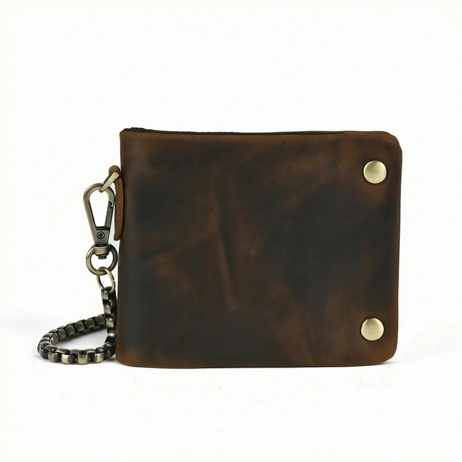 Aged-Leather Bifold Wallet Brown Bifold Wallet with Chain Attachment Compact for