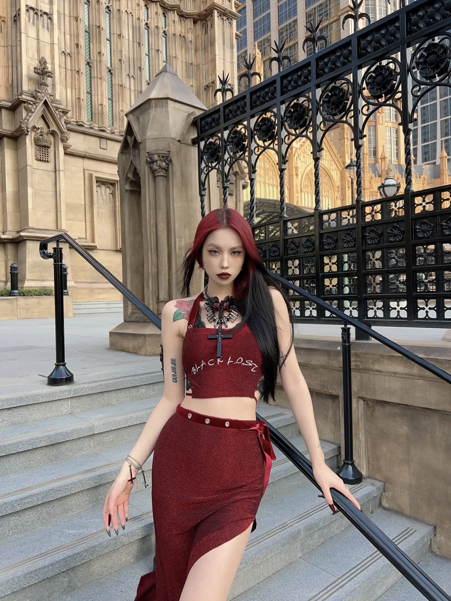 Summer Dark Red Wine Skirt Set Slim Crop Spaghetti Top and High Slit Bandage Long Skirt Suit Vintage Sexy Lady Shiny Gothic Set