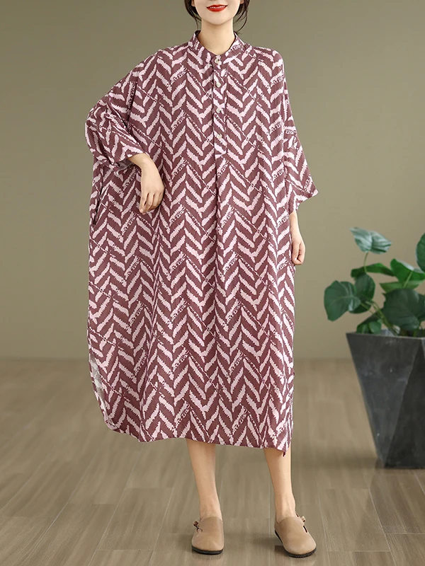 Rétro coton lin imprimé col montant ample longue été Dr t-shirt bouton vacances Dr trajet Sle H pe décontracté Dr