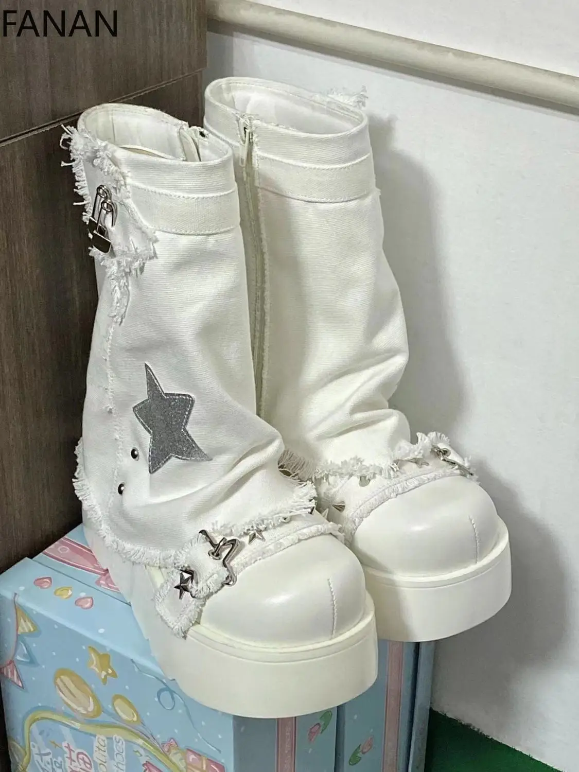 

Lolita Flats Mid Calf Women's Boots Shoes Y2k Platform Subculture Canvas All-in-One Fashion Boots Black Pentagram Heels