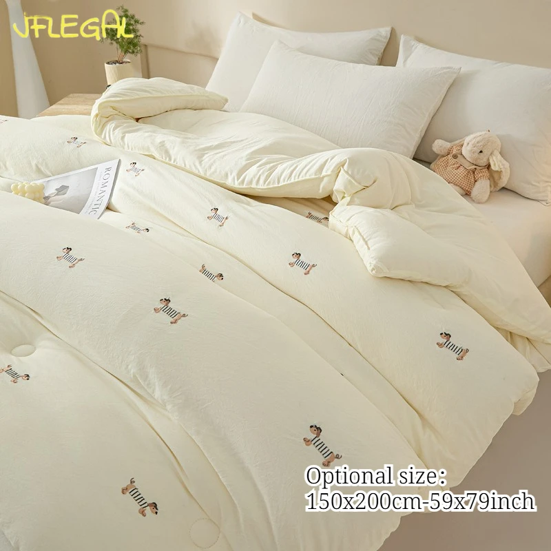 JFLEGAL Cute Cartoon Embroidered Kids Comforter Cream White Ultra Soft Skin-friendly Down Alternative Quilt Fluffy Breathable