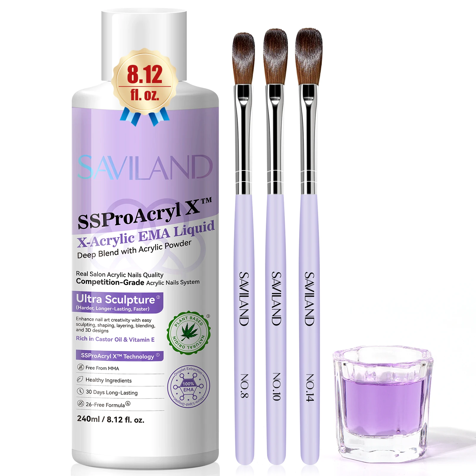 SAVILAND liquide pour ongles acrylique monomère professionnel EMA 8 oz avec 3 brosses à ongles en acrylique et plat Dappen pour Extension d'ongles