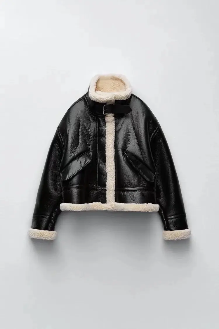 CNACNOO Women Fashion Thick Warm Faux Leather Shearling Jacket Coat Vintage Long Sleeve Flap Pocket Female Outerwear Chic Tops