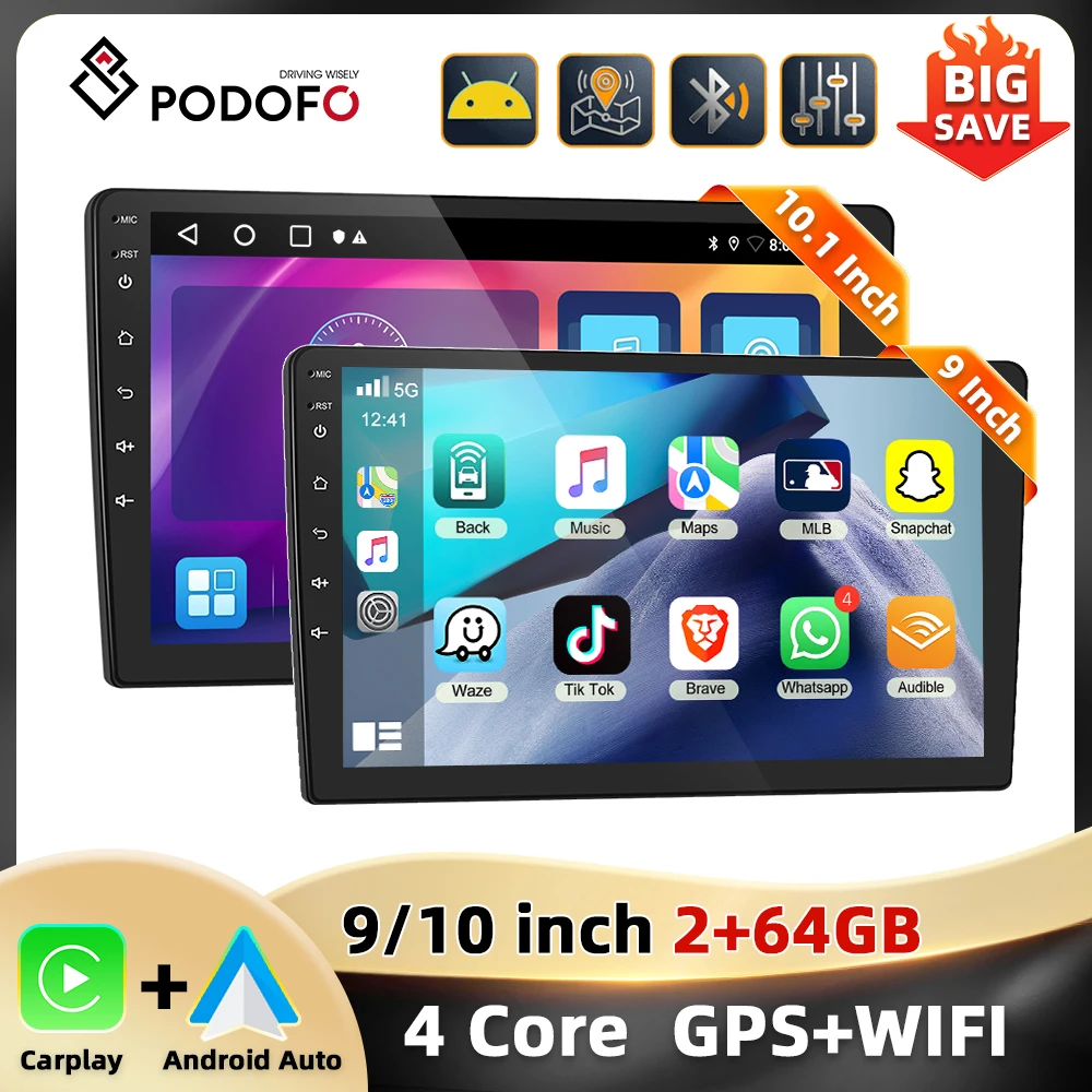 Podofo 2 + 64G 9 ''/10'' Car Radio 4Core WIFI Multimedia Player Carplay Android Car GPS Navigation EQ FM/RDS Mirror Link Car Audio