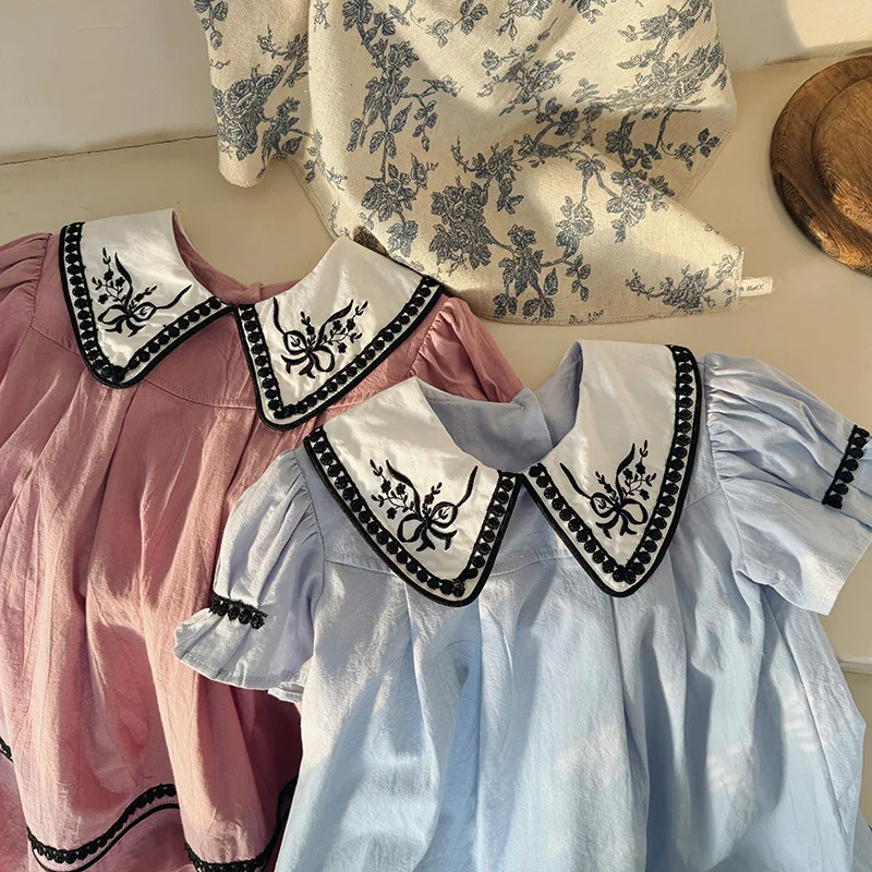 Y2K Style Summer 2026 New Doll Collar French Embroidered Girls Dress Lace Bubble Short Sleeve Princess Skirt Children's Clothing 3