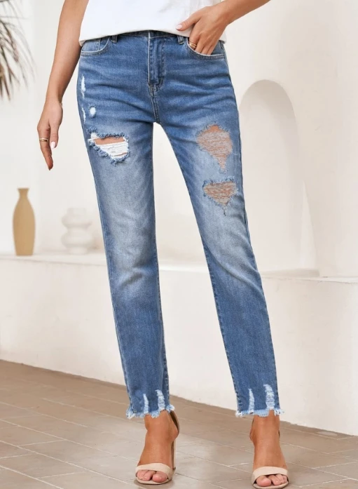 Jeans slim fit feminino, calças na moda, perfuradas e lavadas, calças de perna reta, outono e inverno, 2024