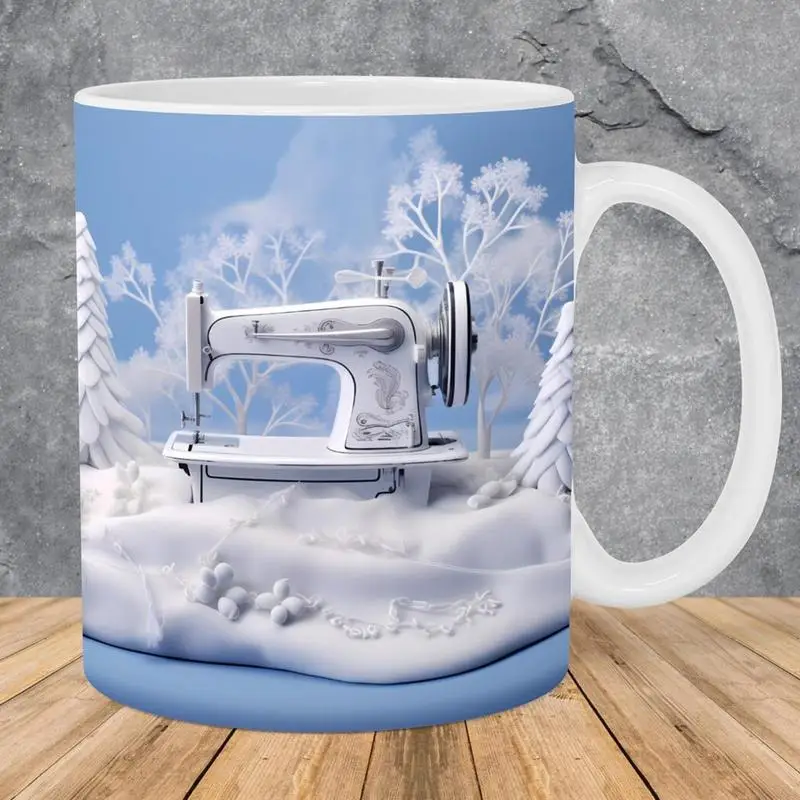 Coffee Mug For Work 350ml Ceramic Coffee Mug Travel Bar Coffee Shop Water Cup With Handle 3D Flat Painted Sewing Machine Pattern