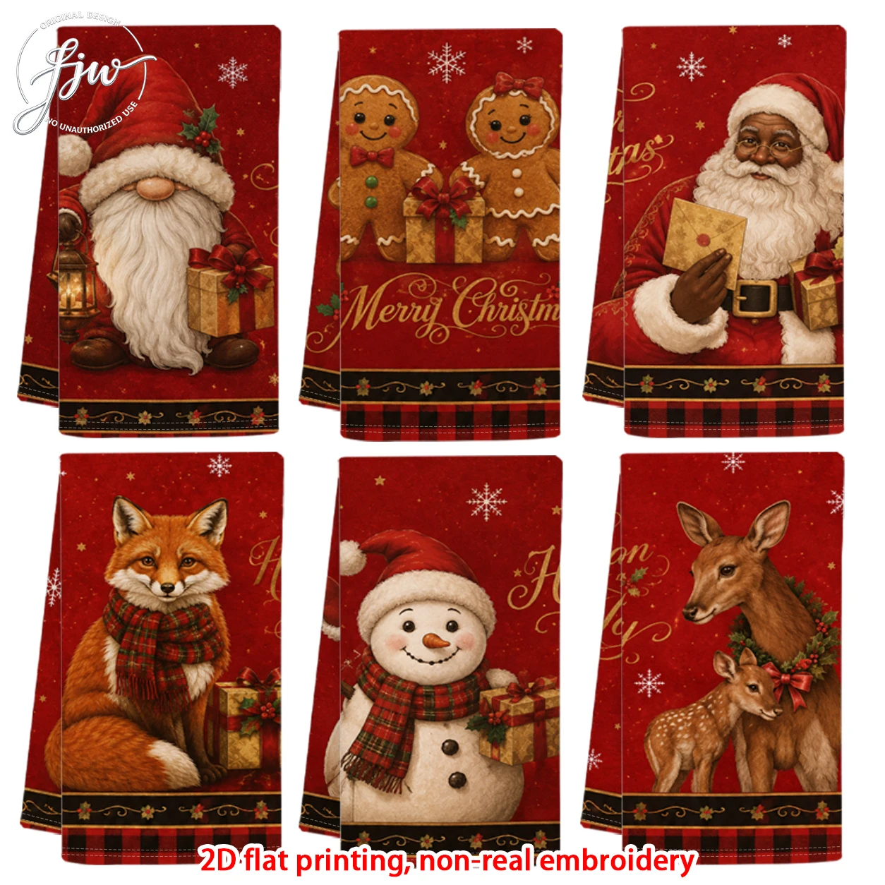 6pcs Vintage Christmas Kitchen Towels Santa Gnome Snowman Holiday Dish Towels for Xmas Home Decor