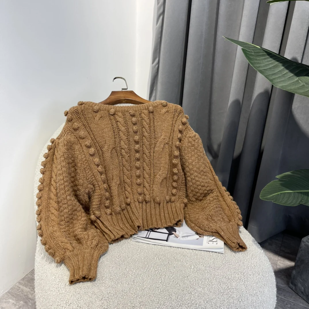 2022 New Arrivals Autumn Winter Brown White Casual Warm Sweater for Women Slim Lantern Sleeve Top Ladies Pullovers Clothes