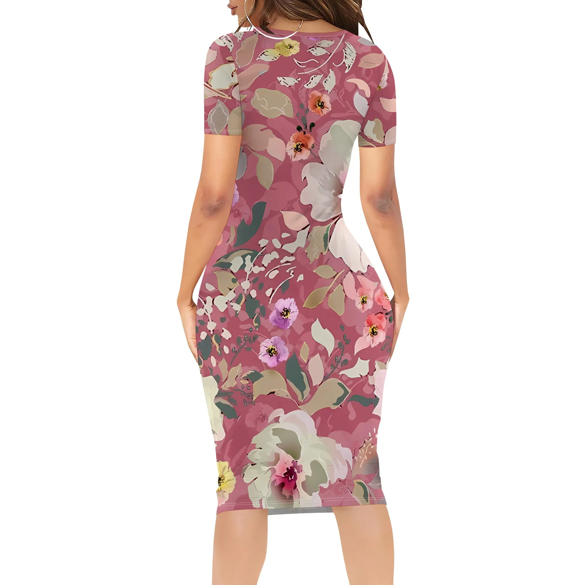 Nupusa Blumendruck, figurbetontes Kleid für Damen, U-Ausschnitt, kurze Ärmel, Sommer, lässiges Midikleid