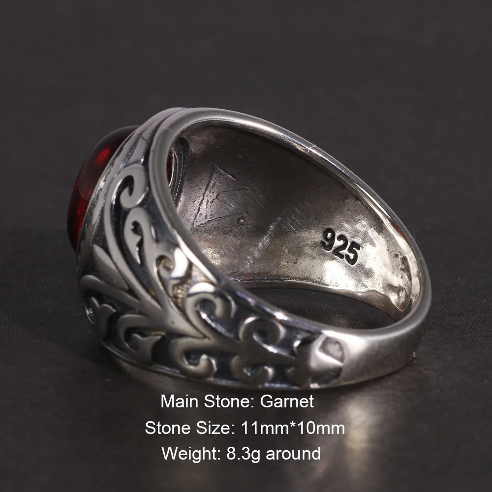 Real 925 Sterling Silver Jewelry Vintage Rings For Men Engraved Flowers With Red Garnet Natural Stone Fine Jewellery