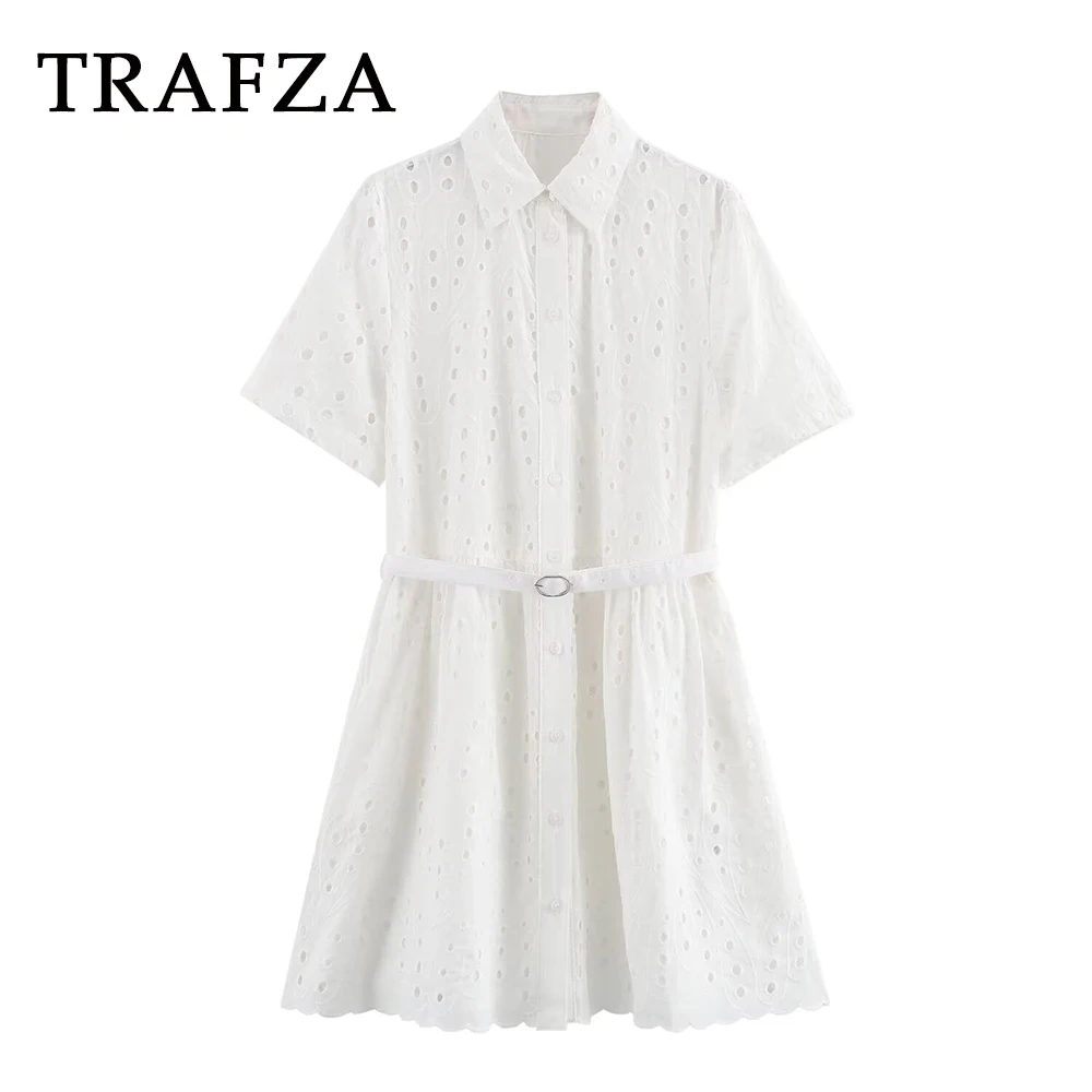 

TRAFZA 2024 Summer Women Casual Embroidery Dresses Hollow Out Skirts Single Breasted Sashes Loose Fashion Women Shirt Dresses