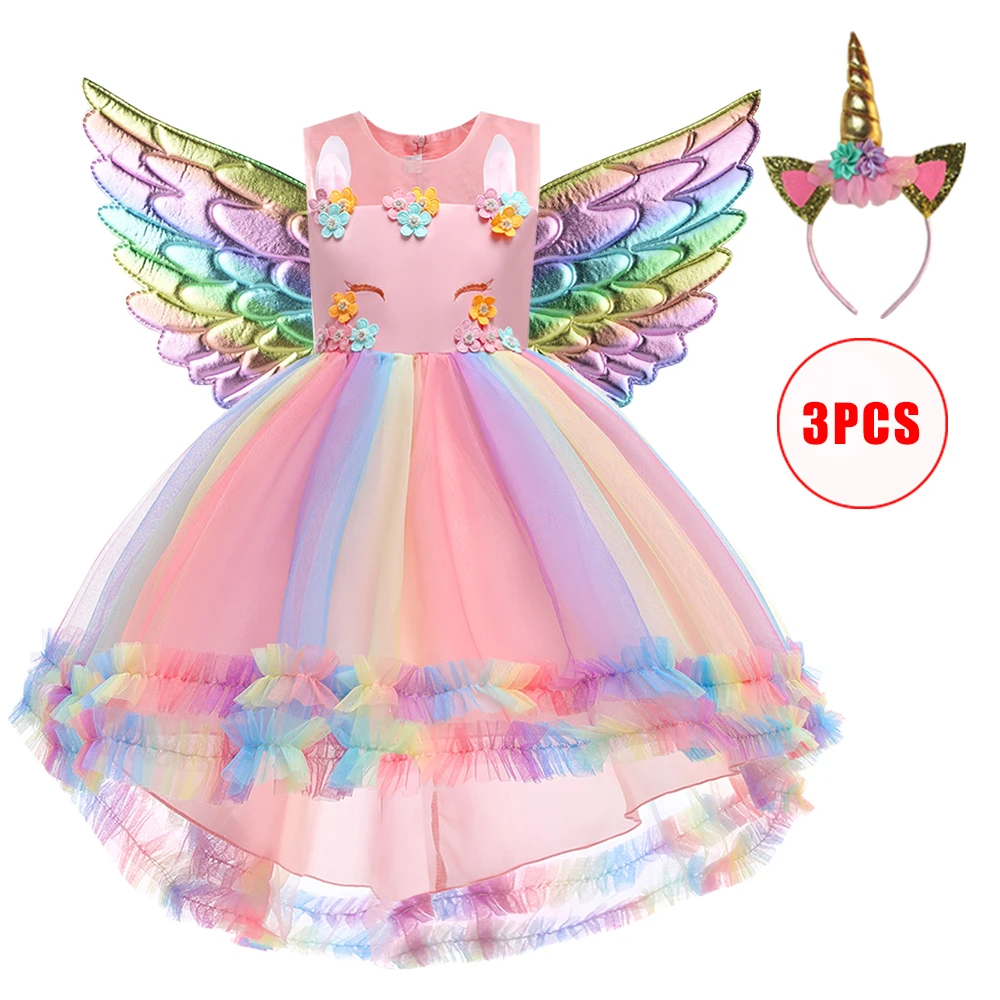 Rainbow Unicorn Party Dress For Girls Clothes Vestido Colorful Unicorns Lace Birthday Wedding Princess Dresses Prom Girl Costume