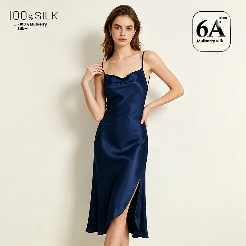 19 Momme Heavyweight 100% Mulberry Silk Slip Dress Women Summer Cowl Neck Side Slit Elegant Loungewear Sleepwear