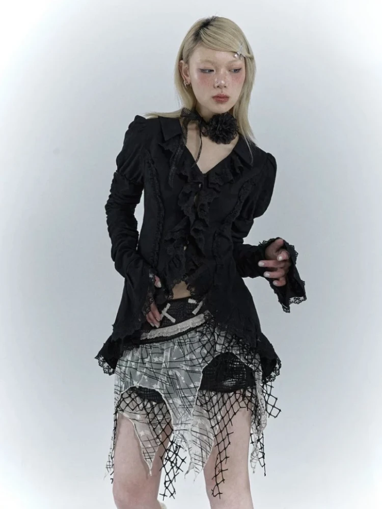 Houzhou Lolita Vintage Gothic Spitze Hemden Frauen y2k dunkle ästhetische unregelmäßige Blusen Yamamoto Stil Grunge Flare Ärmel Shirt