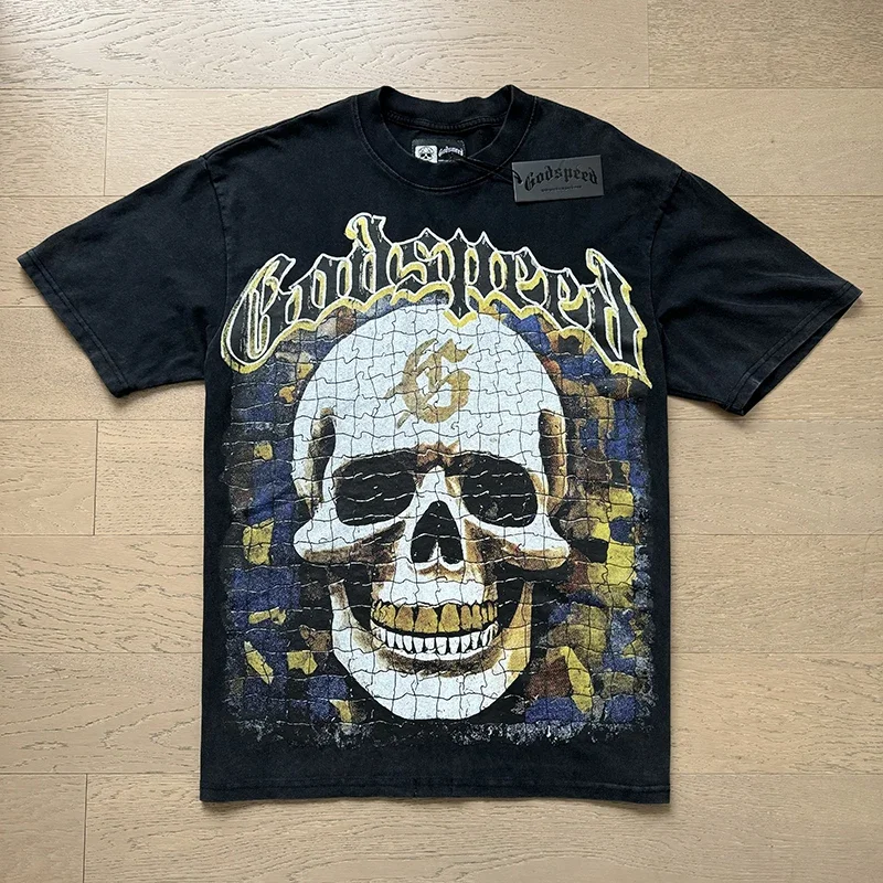 

Мужская футболка High Street GOD SPEED, мужские дышащие футболки, черная хлопковая футболка с принтом черепа в стиле ретро для мужчин