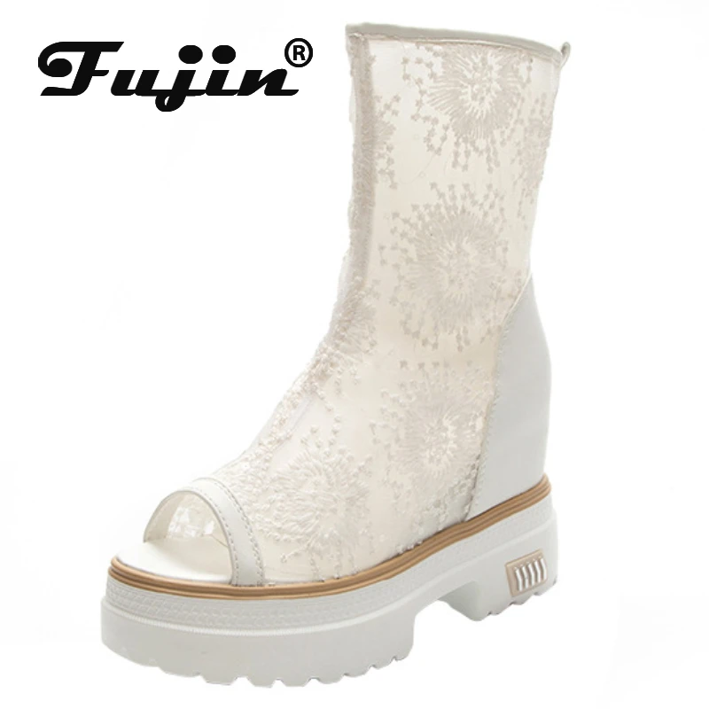 Fujin 10cm Air Mesh Knee High Boots Thick Heels Motorcycle Platform Wedge Breathable Peep Toe ZIP Summer Hollow Women Boot Shoes