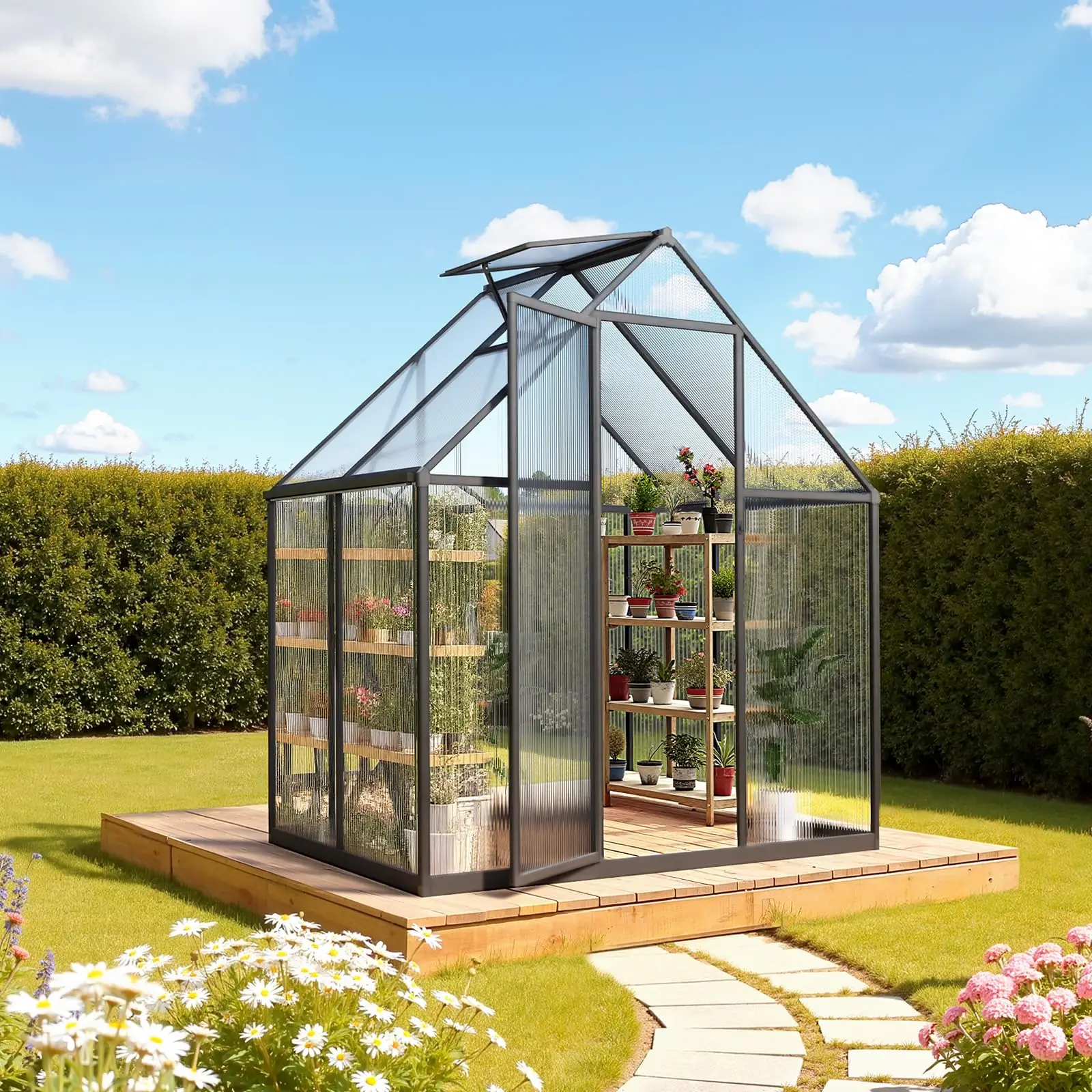 6 x 4 FT Polycarbonate Greenhouse, Heavy Duty Outdoor Green House with Adjustable Vent & Push-Pull Lockable Door, Quick