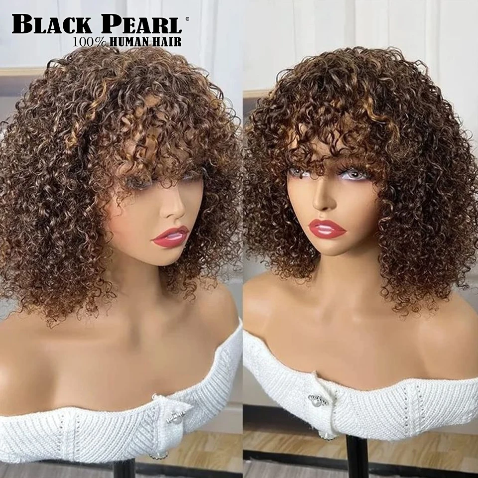 Short Bob Curly Human Hair Wigs with Bangs Pixie Cut Ombre Blonde Wig for Women Full Machine Made Hair Wigs Brown Short Bob Wig