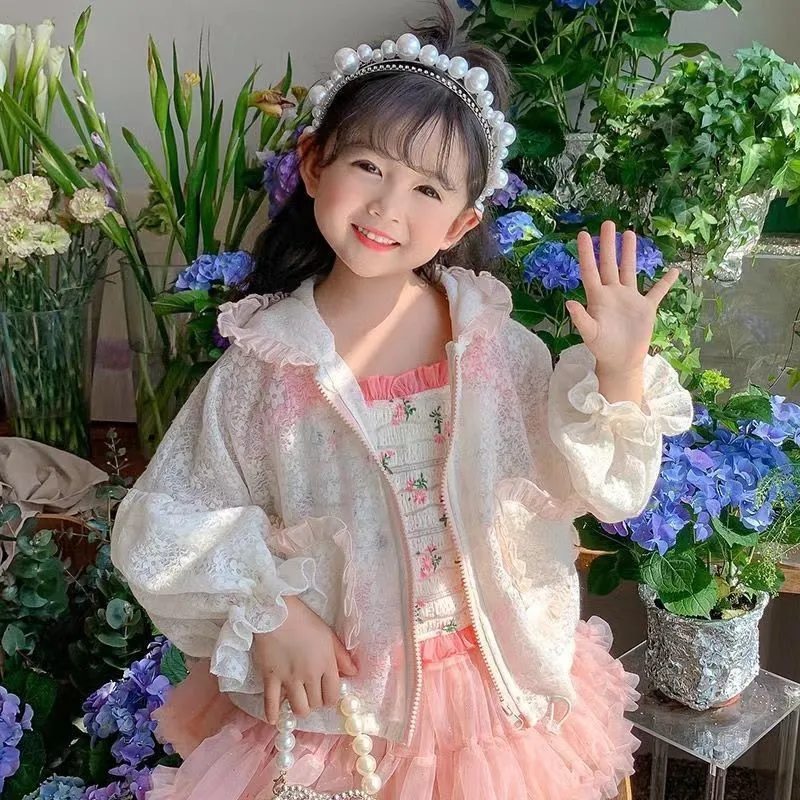 Girls Sunscreen Coat 2026 New Western Style Summer Girls Lace Hooded Long Sleeve Thin Children Air Conditioning Coat