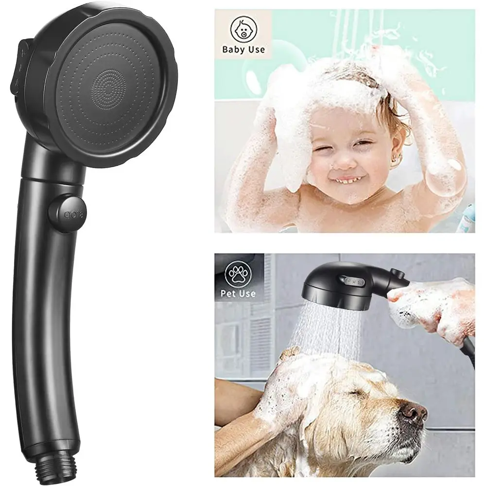 Hogedruk handdouchekop met pauzeschakelaar, 3 modi, waterbesparend, zwart, inclusief beugel en slang