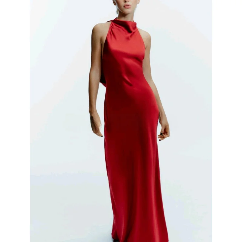 Winter New Women's Beach Vaion Sle Off-oulder Silk Satin Long Dr Hanging Collar Neline One-Piece Summer Gown