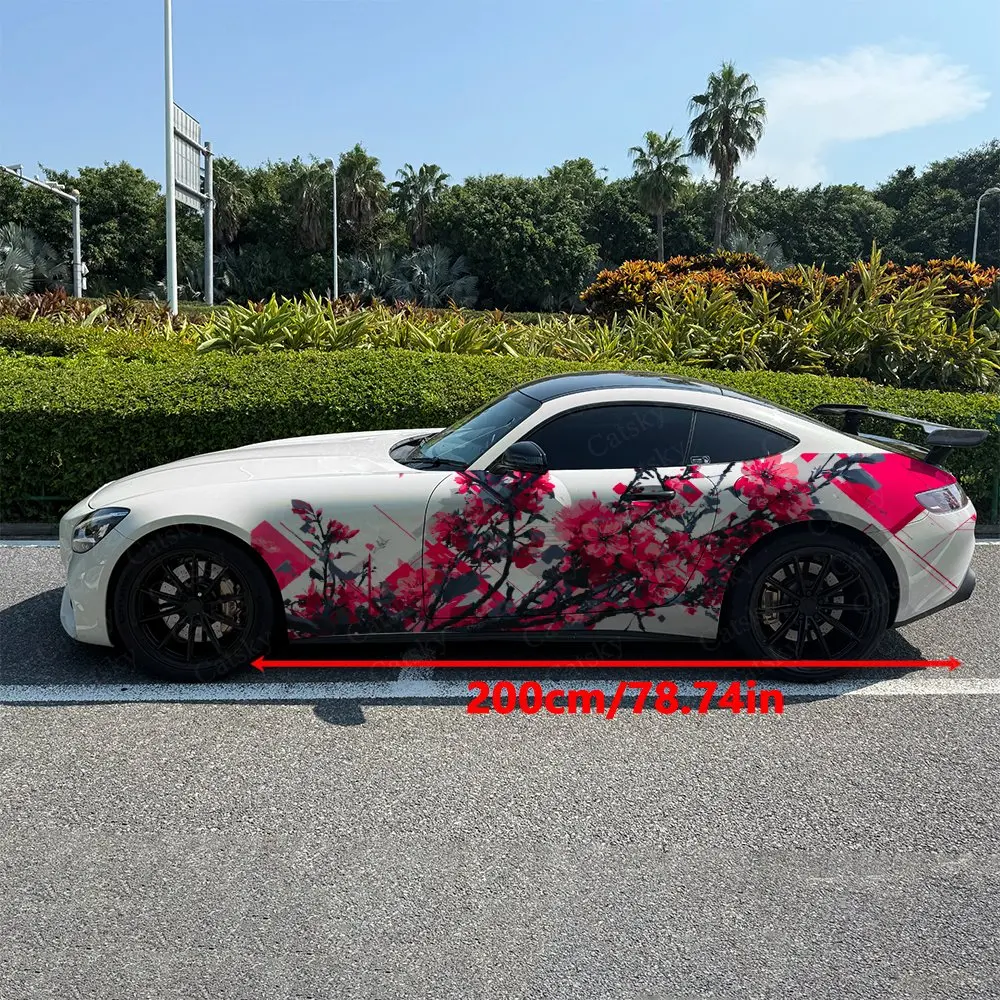 2pcs Pink Flower Wave Street Style Car Side Wraps, Self-Adhesive PVC Waterproof & Scratch-Resistant Stickers, Car Accessory Gift