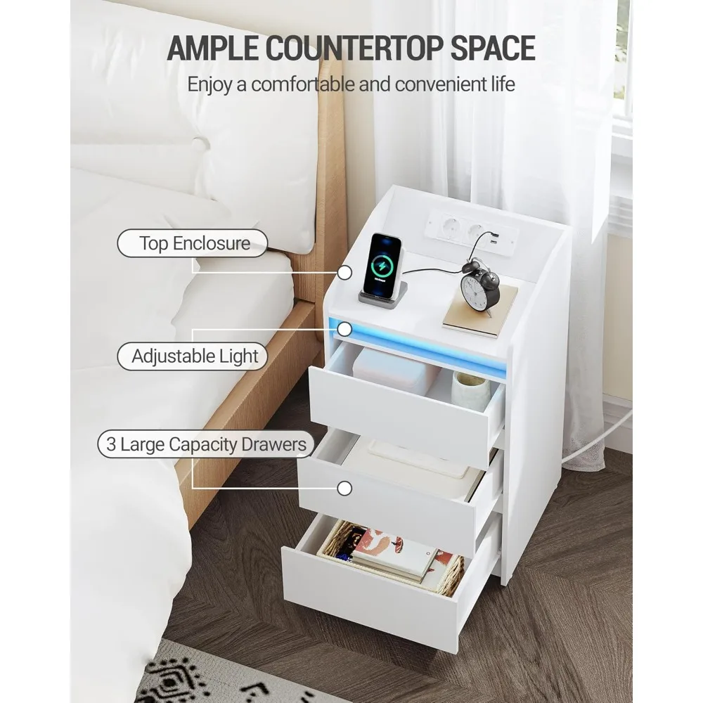 Mesilla de Noche de 3 Cajones، Mesa Auxiliar con Estacional de Carga y LED #6