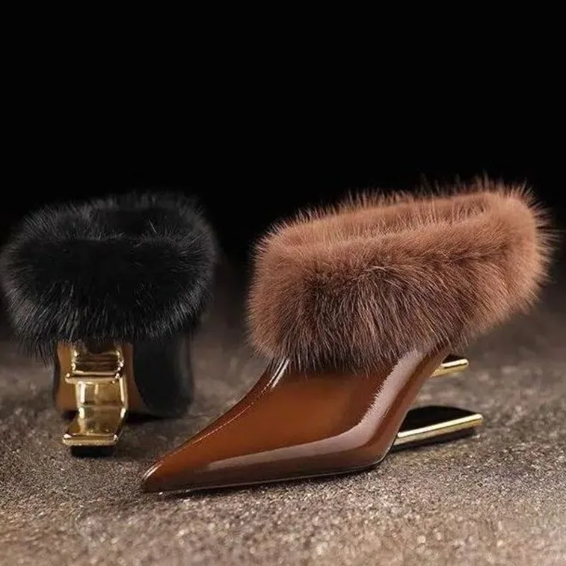 Mules en fourrure de luxe pour femme, collection automne-hiver 2026, en cuir verni, à bout pointu, élégantes et chaudes