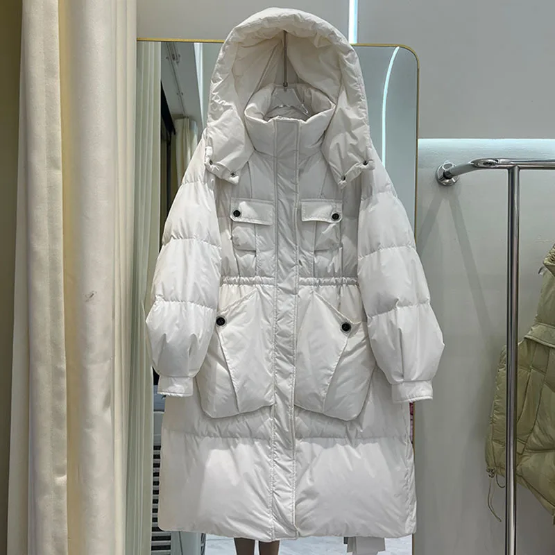 2023 Winter Long White duck down jacket High street Solid Thick warm Female Loose Coat White belt Ladies Outerwear