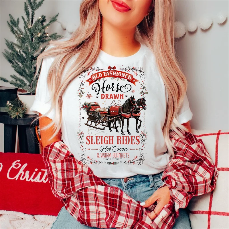 

Повседневная футболка с принтом Old Fashionad Horse Drawn Sleigh Rides, одежда с короткими рукавами и круглым вырезом, женская новогодняя белая футболка