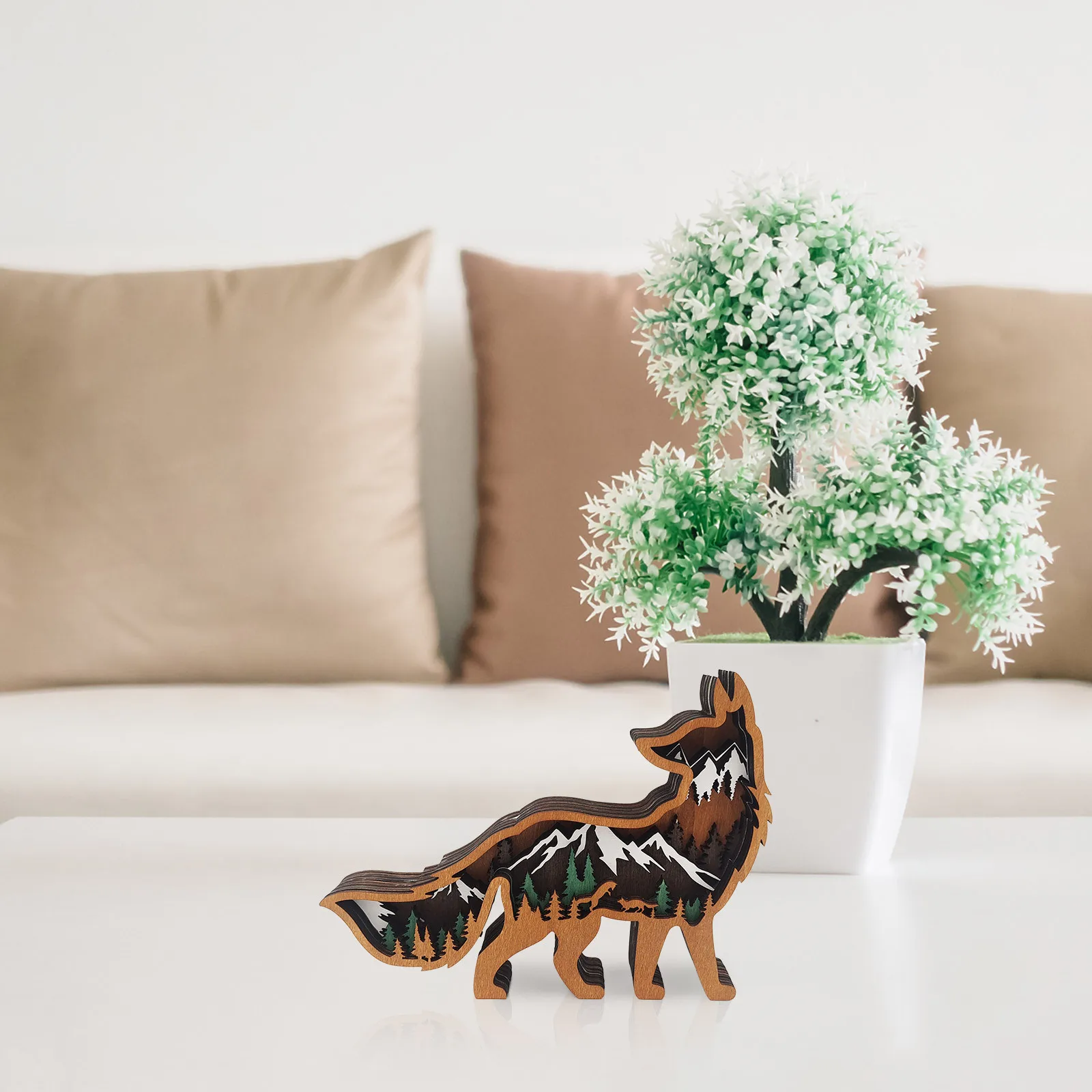 Creative Fox Carved Wooden Miniatures Model Animal Statues With LED Carving Fox Wooden Crafts Christmas Gifts For Home Decor image 2