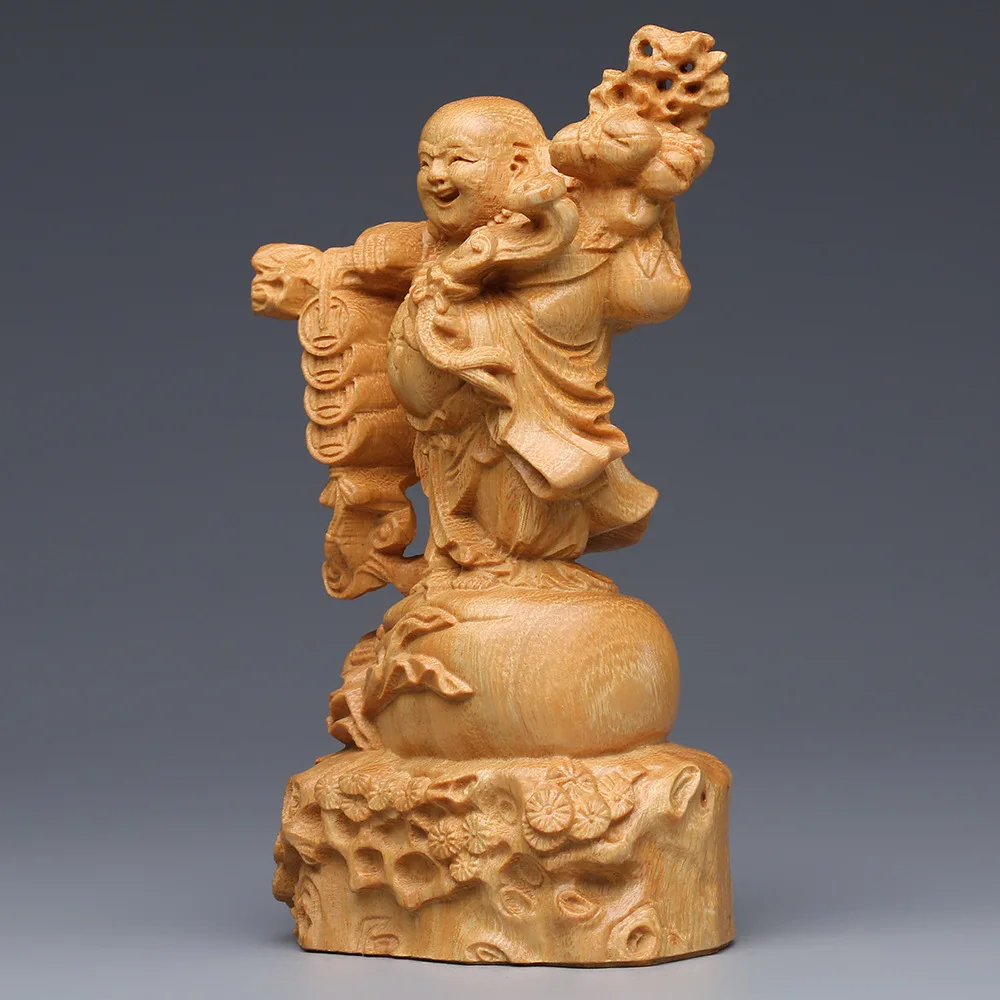 Cliff cypress wood carvings cloth bags Maitreya Buddha statue ornament home offering Laughing Buddha classical handicrafts