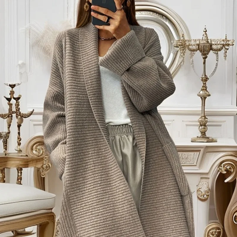 2025 Autumn and Winter New Women's Thick Medium Long Solid Color Knitted Cardigan Loose Pocket Sweater Jacket