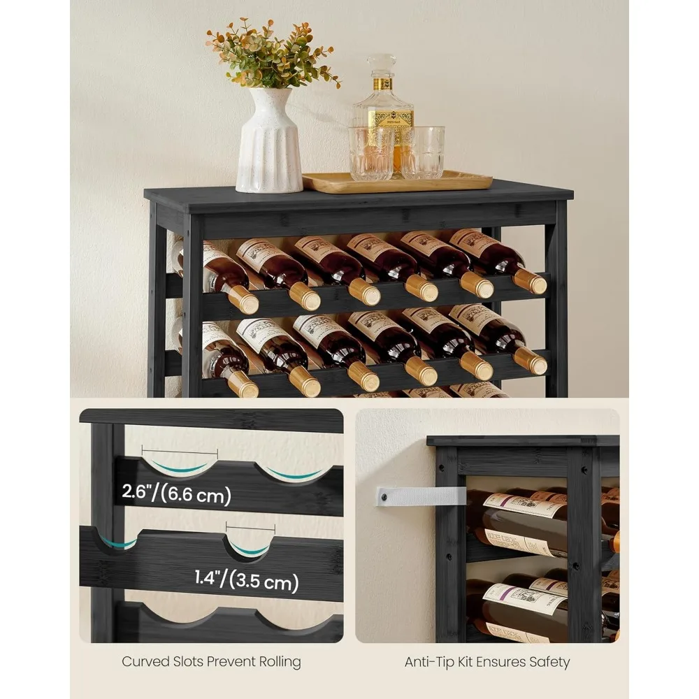 ชั้นวางไวน์ไม้ไผ่ 7 ชั้น จุได้ 42 ขวด ดีไซน์ไม่โยกเยก พร้อมท็อปโต๊ะสำหรับห้องครัว บาร์ ห้องนั่งเล่น สีดำหมึก