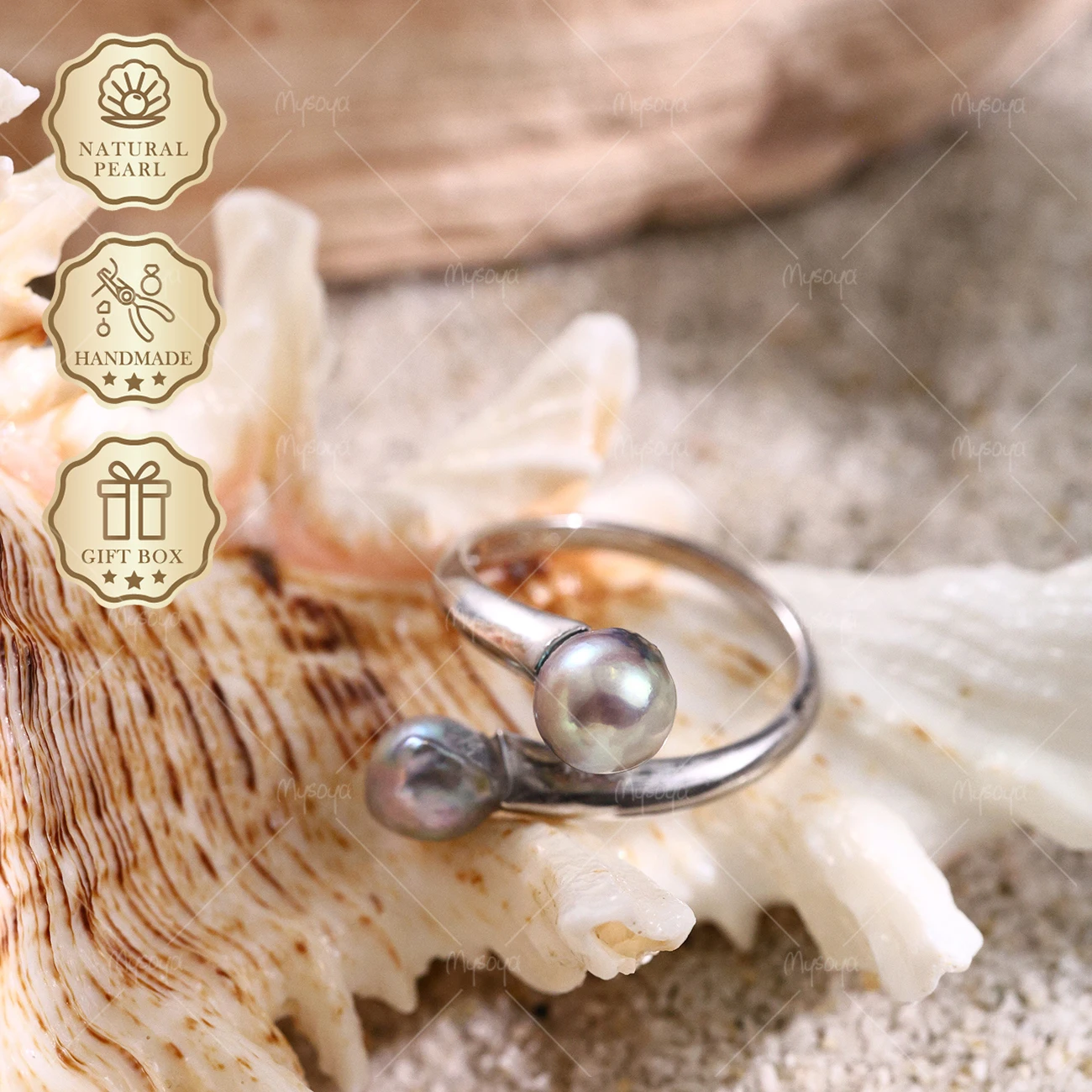 MYSOYA Blue Gray Baroque Akoya Pearl Open Ring 6.5-7mm, Gift Box, Birthday & Wedding Gift S311