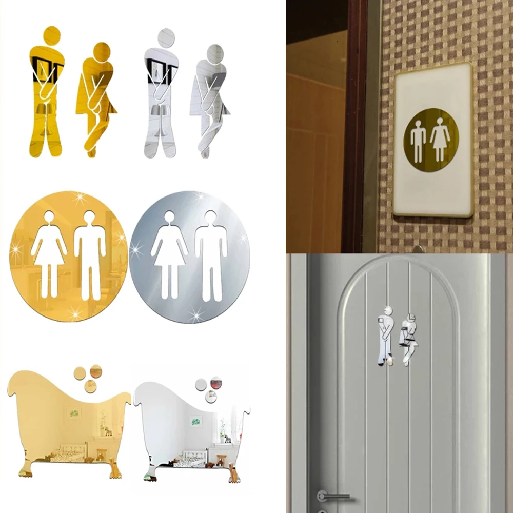 3D Mirror Acrylic Woman&Man Toilet WC Sign Removable Wall Sticker Washroom Bath Self-adhesive Door Sticker Home Hotel Decoration