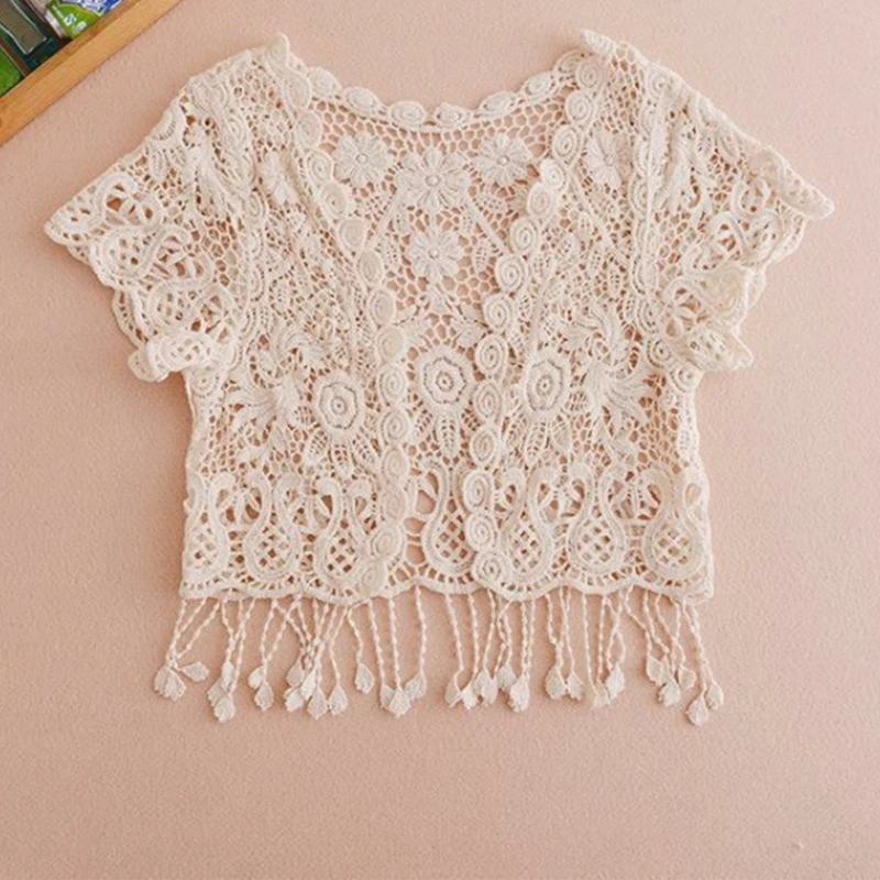 Womens Summer Short Sleeve Tassels Lace Cardigan Floral Crochet Beach Cover Up Shrugs Open Front Crop Jackets