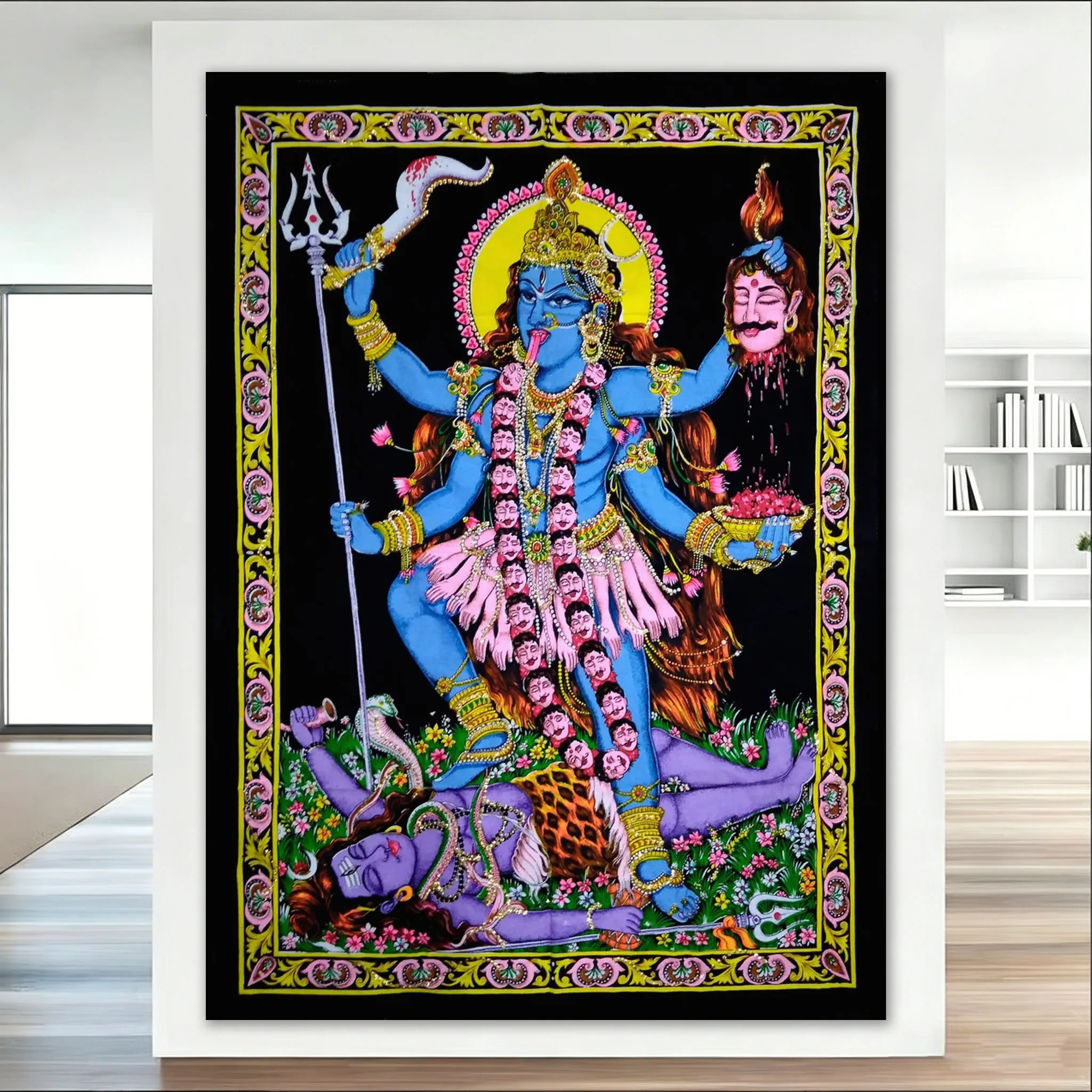 Goddess Kali Painting Tapestry, Religion Wall Hanging for Dorm Bedroom Living Room, House Decor, Indian Goddess Hanging Painting