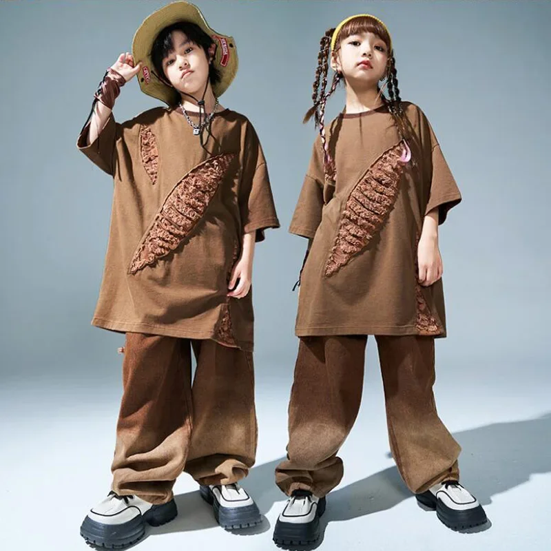 Hip Hop Girls Boys T-shirt Street Dance Loose Cago Pants Shorts Child Solid Showing Clothes Sets Kids Stagewear Jazz Costume