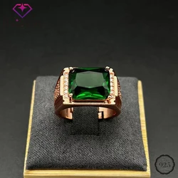 HuiSept Women Men Ring 925 Silver Jewelry Rectangle Emerald Zircon Gemstone Rose Gold Color Finger Rings for Wedding Engagement