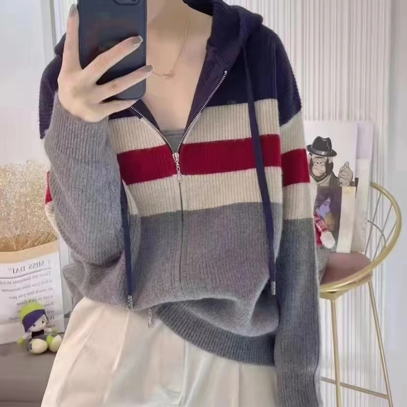 Korean Fashion Autumn New Sweaters Women\'s Hooded Striped Contrast Color Double Zipper Elegant Long Sleeve Cardigan Knitted Tops