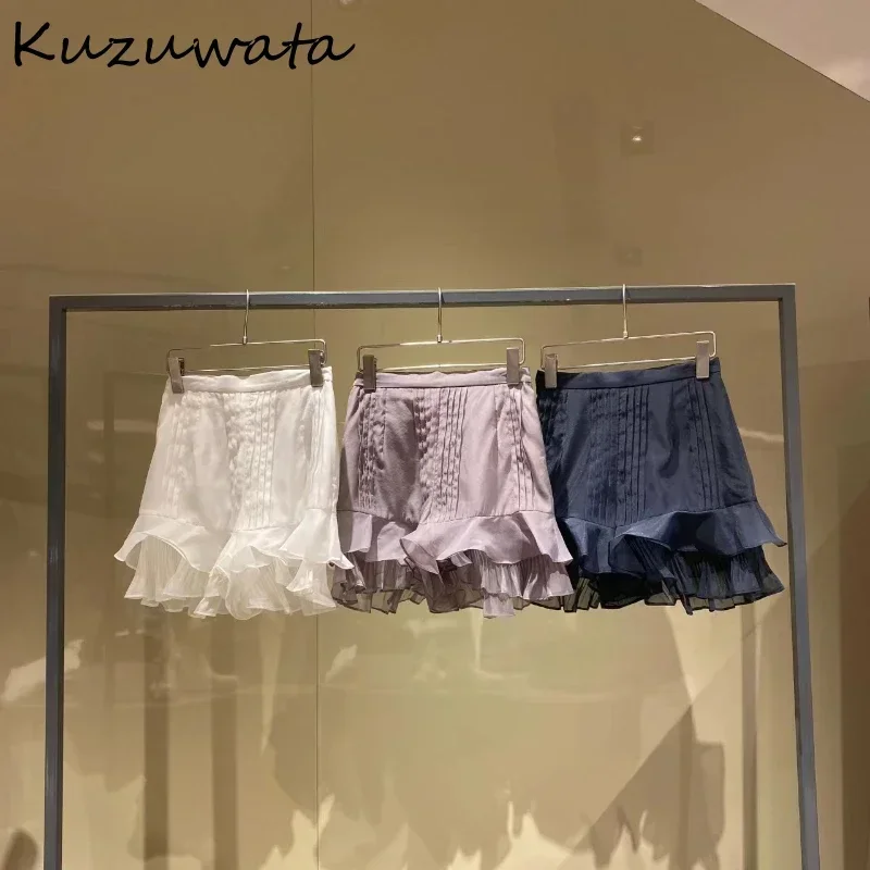 Kuzuwata Japanese Moda Sweet Casual Ruffles Skirt Lace Ruched Solid Elegant Mujer Faldas Temperament Fresh Slim Fit Faldas