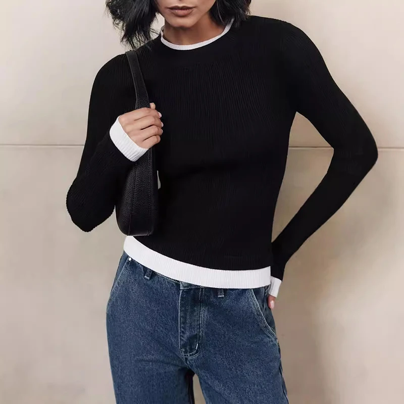 TARUXY Fall Winter Contrast Color Knitted Sweater Female Long Sleeve Thin Knitted Bottoming Stitching Rabbit Fleece Pullover Top